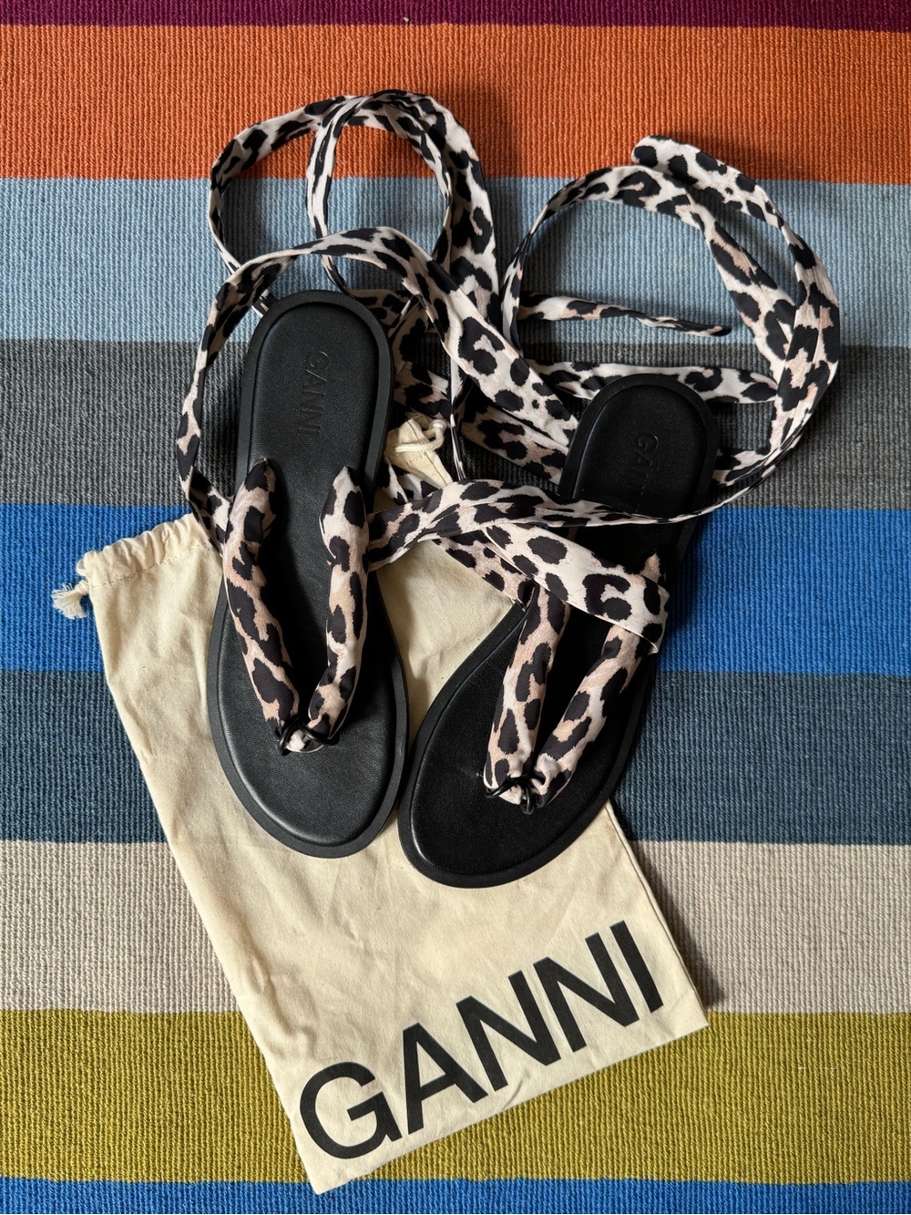 Ganni Leopard-Print Wrap Sandals in Black and Beige